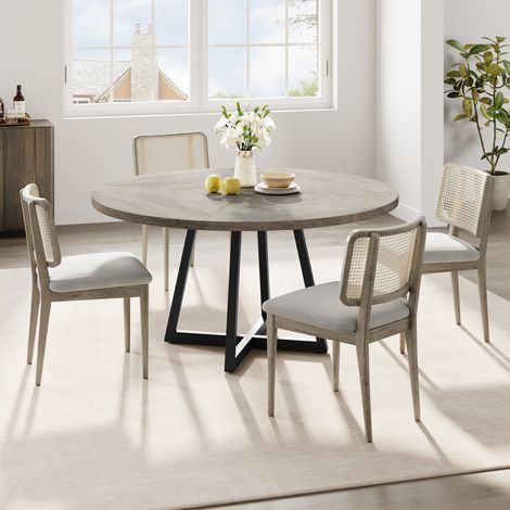 GARVEE - Table Ronde Industriel 120cm GARVEE – Bois Massif & Pied Métal, Grande Capacité 4-6 Personnes, Pour Salle à Manger Moderne(Gris) (1/5)