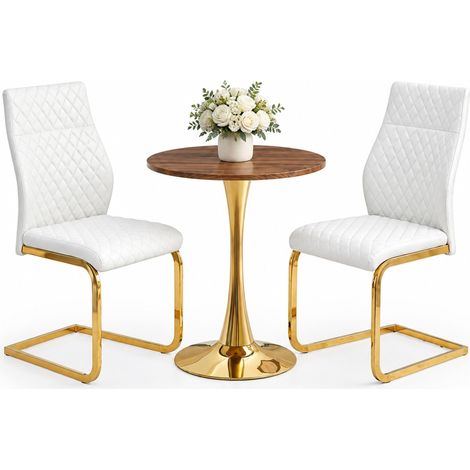 ELVMI Conjunto de Mesa y Sillas con 1 Mesa Redonda y 2 Sillas, MDF, Metal y Piel Sintética, Nogal, Blanco y Oro (1/5)