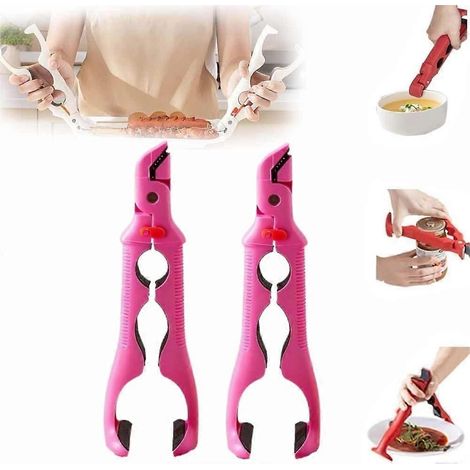 Rose rouge Pince à assiettes chaudes 3 en 1 (2 pièces), support de bol anti-brûlure multi-angles et outil de préhension pour assiettes chaudes avec verrouillage pour chauffe-bols. (1/5)