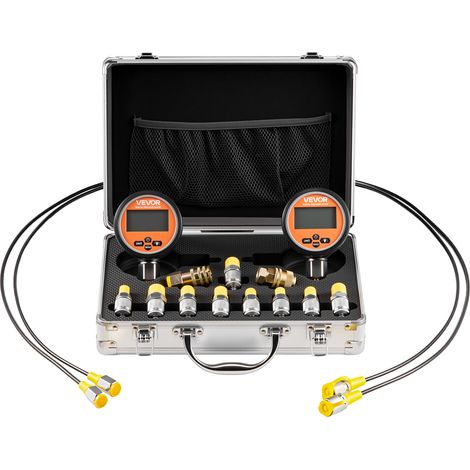 VEVOR digitales Hydraulikdruck Testkupplungsset, 10000 PSI Druckmessgerät Manometer Tester mit 2 Messgeräten & 9 Testkupplungen & 2 Schnellkupplungen & 2 Schläuchen für Bagger Baumaschinen (1/5)