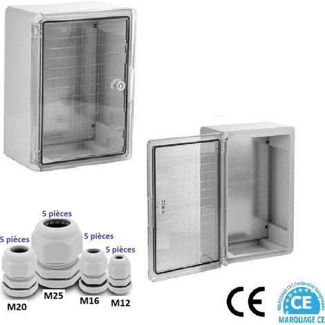 Coffret électrique étanche ip 65 saillie PORTE TRANSLUCIDE 280 x 210 x 130 mm et 20 Presses étoupe
