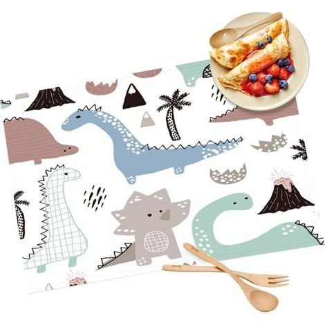 4 PCS Set de Table Enfants Est Facile à Nettoyer, Le Tapis de Table pour Enfants est Légèrement ImperméAble, Le Tapis de Table de Dinosaure de Dessin Animé Mignon Lavable 13,8 × 9,8 in (1/4)