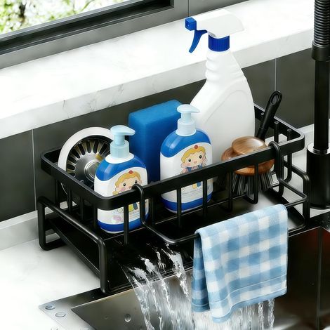 Rangement Évier Cuisine en Acier Carbone, Organisateur avec Drainage Automatique, Accessoire Salle de Bain & Cuisine pour Éponge, Serviette (1/5)
