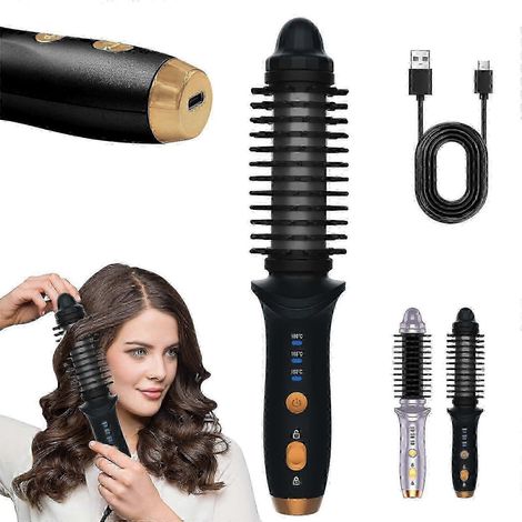 Brosse chauffante sans fil USB pour cheveux courts - Brosse ronde chauffante portable et fer à friser thermique, mini lisseur avec baguette de bouclage