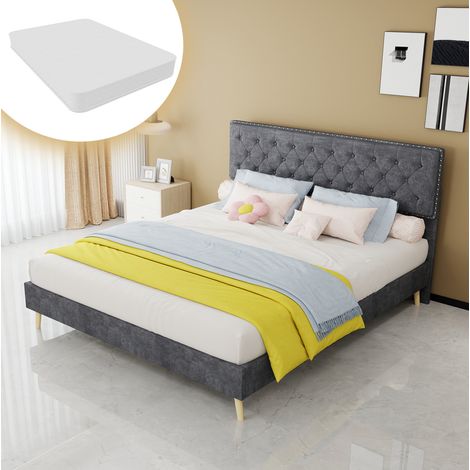 Cama tapizada 200x160x156 cm, con colchón incluido, cabecero alto, espacio de almacenamiento, tejido y metal, gris (1/5)