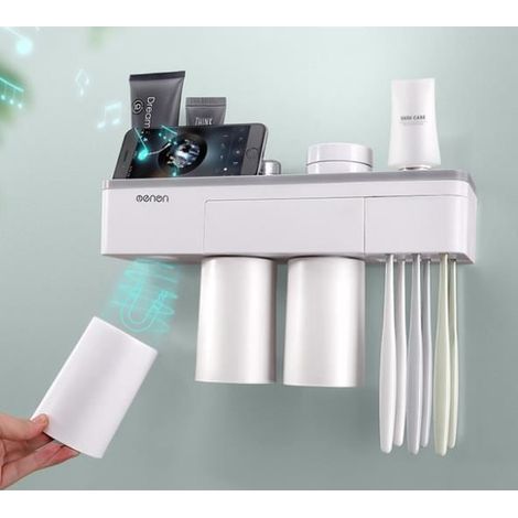 Porte-Brosse à Dents, Ensemble Support De Brosse à Dents Mural avec Trois Tasses Multifonction Magnétique pour Salle de Bain Gris (1/4)