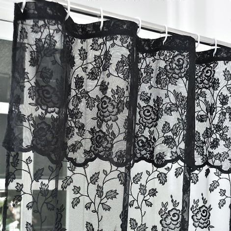 Rideau de douche en dentelle noire avec cantonnière intégrée style rustique vintage à motifs floraux noir transparent 183 cm de long 1 panneau noir (1/4)