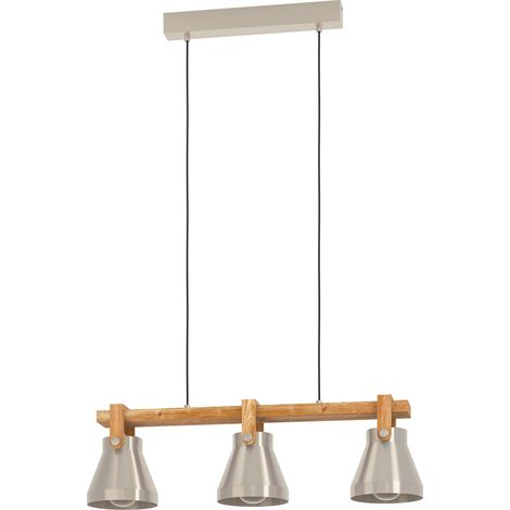 EGLO Hängelampe Cawton, 3-flammige Industrial Pendelleuchte über Esstisch, rustikale Esszimmerlampe aus Metall in Stahlfarben und geflammtem Holz, Hängeleuchte mit E27 Fassung, 76 cm (1/5)
