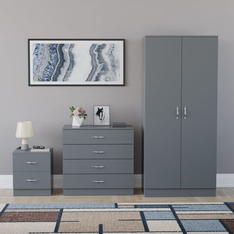 Riano 3 Piece Bedroom Set (2 Drawer Bedside Chest, 4 Drawer Chest, 2 Door Wardrobe), Grey (1/5)