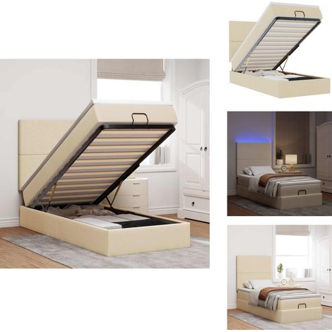Ottoman-Bett mit Matratze & LEDs Creme 100x200 cm Stoff - Ottoman-Bett - Ottoman-Betten - Bettrahmen - Bettgestell (1/5)