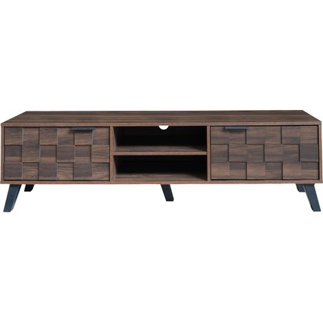 CAIziMeuble TV bois foncé 160,5 cm, 2 portes, 2 niches ouvertes, moderne (1/5)