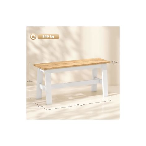 Banc blanc 2 places en bois d hévéa aspect chêne avec barre transversale stabilisatrice pour salon, salle à manger et entrée (1/5)