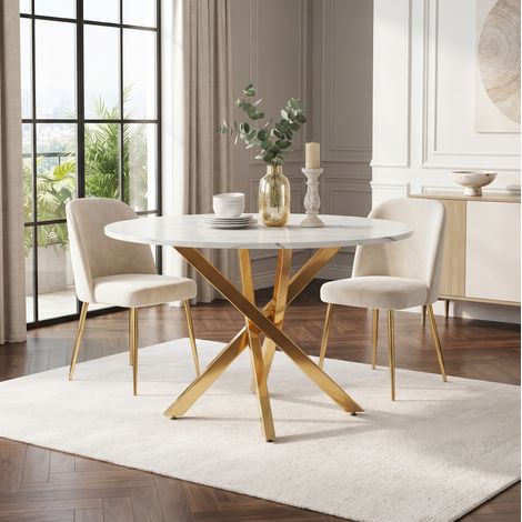 Mesa redonda 80x80x75 cm de MDF y metal blanco efecto mármol para espacios pequeños – MEUBLIV (1/5)