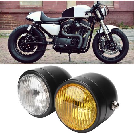 Phare avant double moto universel 8,5 pouces en fer, lampe ronde jumelée noire et blanche avec verre jaune, compatible custom café racer. (1/5)