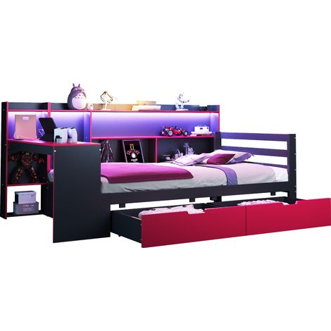 Letto Divano 90 x 200 cm in Legno con 2 Cassetti, Scaffali, Scrivania, Presa e LED Regolabile, senza Materasso, Nero e Rosso (1/5)