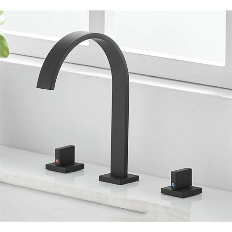 Robinets De Lavabo En Laiton Poli Noir, Robinets De Salle De Bains Carrés Montés Sur Le Pont, 3 Trous, Double Poignée, Robinet D'eau Chaude Et Froide (1/5)