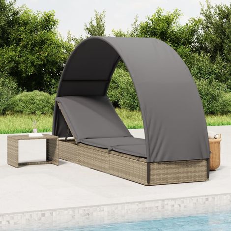 Chaise longue avec toit rond, Transat, Bain de soleil, Chaise de plage gris 211x57x140 cm résine tressée ZSE8703 (1/5)