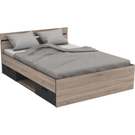 Befara – Lit double avec tiroirs 140 x 190 cm – Chêne / Noir – Supports métalliques pour sommier à lattes – Design moderne et fonctionnel