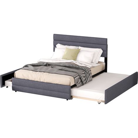 Lit plateforme 140x200 avec lit gigogne 90x190 et 2 tiroirs, tissu gris, tête de lit réglable, pour deux personnes et rangement malin - CHICFURN (1/5)