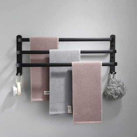 Porte-serviettes mural Jalleria avec crochets, porte-serviettes en aluminium pour cuisine, salle de bain et hôtel (noir, 60 cm) (1/4)
