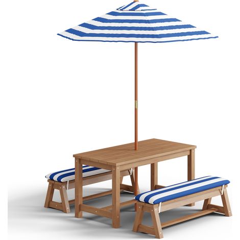 Kindersitzgruppe Garten Bealife Kinder-Gartentisch- und Stuhlset aus Zedernholz mit Sonnenschirm und Abnehmbaren Kissen Blau