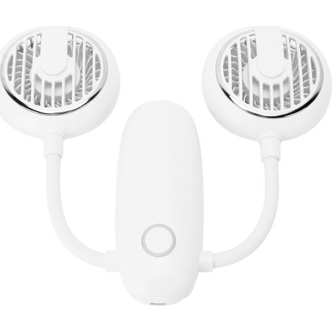 Ventilateur de voyage USB à double tête rotatif 360°, portable à accrocher autour du cou pour extérieur - Blanc