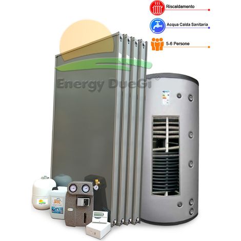Kit impianto solare termico per stoccaggio di Acqua da Riscaldamento e produzione Acqua Calda Sanitaria, 5-6 persone, termoaccumulo combinato 600 litri, EFMAX