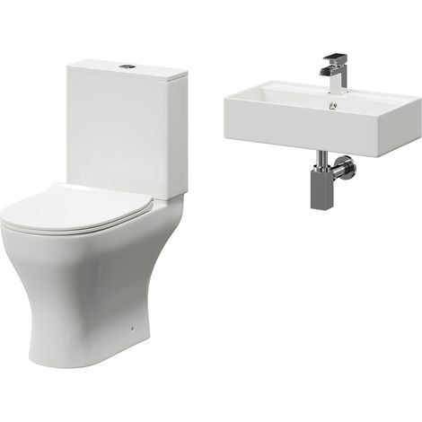 Tomar 505mm Wall Hung Basin and Toilet Suite including Square Polished Chrome Bottle Trap and Open Back Toilet (1/5)