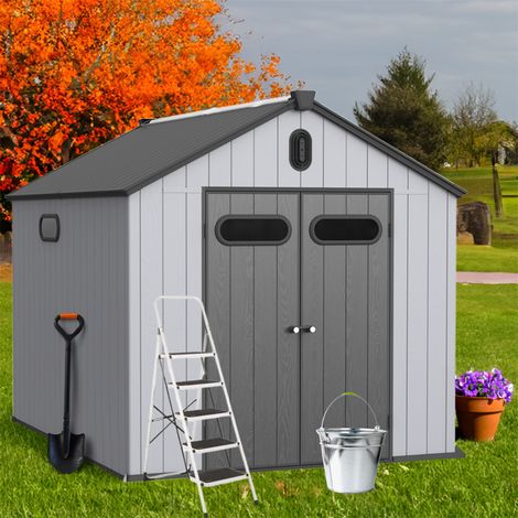 Abri de Jardin en Résine - 285x235x231cm - Cabane à Outils Extérieure Grande Capacité avec Toit Pointu - Gris et Blanc (1/5)