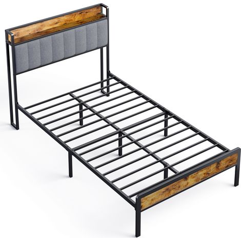 Bealife Schlichtes Metallbett 120x200 cm mit gepolstertem Stoff-Kopfteil, Stauraum und Lattenrost – Kinder- und Jugendbett in Schwarz und Hellgrau (1/5)