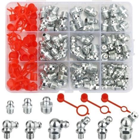 100 Stück Assortiment Graisseur M6 M8 M10, Raccords Filetages Mâles Graisseurs Droits/45°/90°/180° avec Mamelon de Graisse Hydraulique, Nickelé Embout de Graissage pour Équipement Mécanique-Chrom (1/5)
