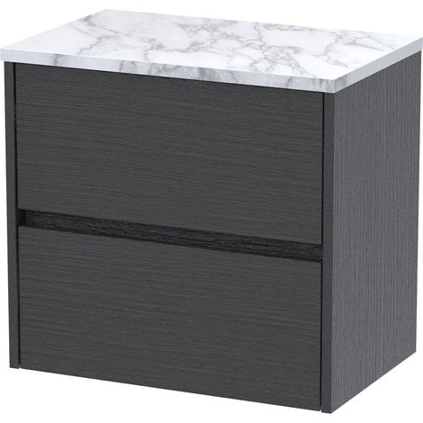 Havana Wall Hung 2-Drawer Vanity Unit with Carrera Marble Worktop 600mm Wide - Graphite Grey Woodgrain (1/4)