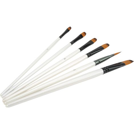 Set mit 6 handgefertigten Pinseln (6 verschiedene Größen) mit weichen Borsten aus weißem Nylon für Gouache und Aquarell. Flachkopfpinsel. (1/5)