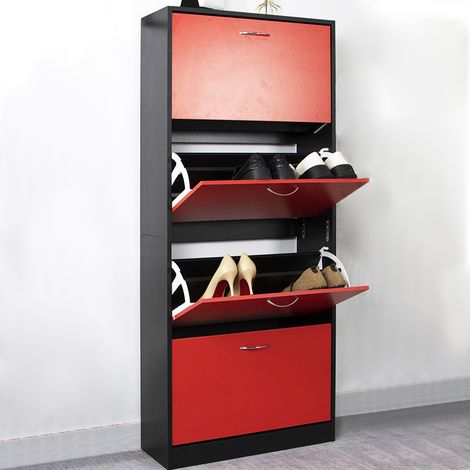 Scarpiera 4 Ante Ripiani Doppia Profondità con Maniglia Rosso e Nero 63x24x150cm (1/5)