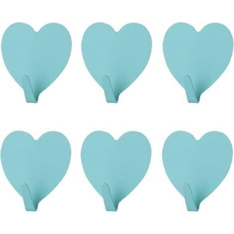 Lot de 6 crochets muraux décoratifs en forme de cœur, (bleu) crochet mural adhésif solide en acier inoxydable pour la maison, la cuisine, la salle de bain, le bureau (1/4)