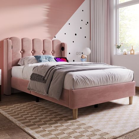 Cama individual 90x200 cm con función de carga USB tipo C rosa terciopelo(Sin Colchón) (1/5)