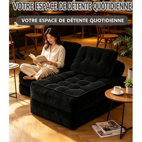 Canapé lit pliable 3 en 1 velours côtelé noir, fauteuil de sol ergonomique mousse mémoire, meuble compact gain de place pour studio, salon (1/5)