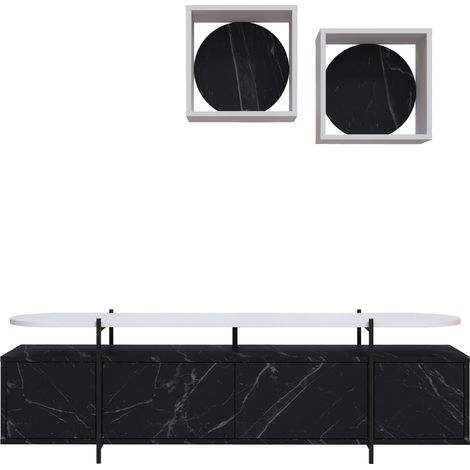 Ensemble meuble TV 4 portes et 2 étagères murales bois blanc et noir effet marbre Kusta 160cm (1/5)