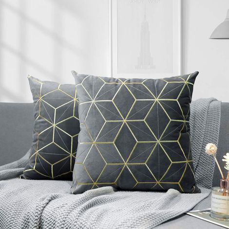 MINKUROW Fodera Per Cuscino In Velluto, 2 Pezzi Federa Quadrata Con Motivo Geometrico Ricamato In Oro, Fodera Per Cuscino Morbida Per Divano Del Soggiorno Auto, 45 X 45 Cm - Grigio (1/5)