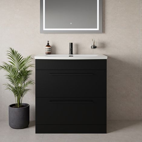 Napoli 390 Matt Black 800mm 2 Drawer Vanity Unit with Arc Basin - 800mm - Matt Black 480mm Handle