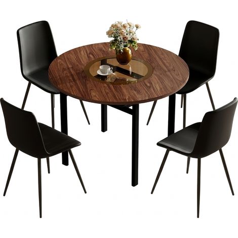 Ensemble table ronde avec 4 chaises, diamètre 100 cm, plateau effet bois marron, insert et étagère en verre, sièges noirs (1/5)