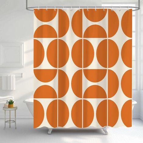 Rideau de Douche Vert Style Moderne du Milieu du siècle, 180 x 240 cm, Motif géométrique Abstrait rétro Orange, Style bohème, avec Crochets (1/5)