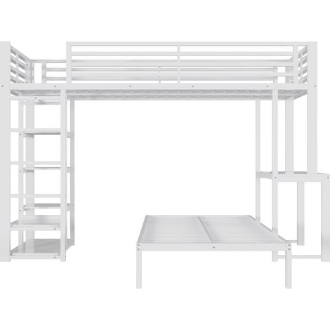 Cama alta 90 x 200 cm de metal y MDF con escritorio y estantes, blanco, EN747 (1/5)