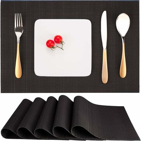 Juego de 6 manteles individuales de vinilo PVC, lavables y resistentes al calor, para mesa de cocina y comedor, 30 x 45 cm, color negro.