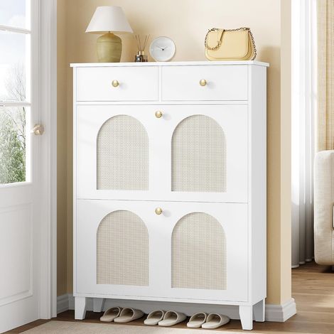 Meuble à Chaussures à 2 Abattants, Armoire à Chaussures Rotin Étroit aus Holz, Séparateur Réglable, 2 Tiroirs, 12-16 Paires, pour Entrée, Couloir, Blanc (1/5)
