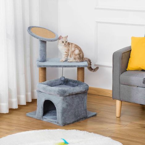 Griffoir pour chat avec poteaux en corde de jute - hauteur 84 cm - housse moelleuse - niche et coussin - gris