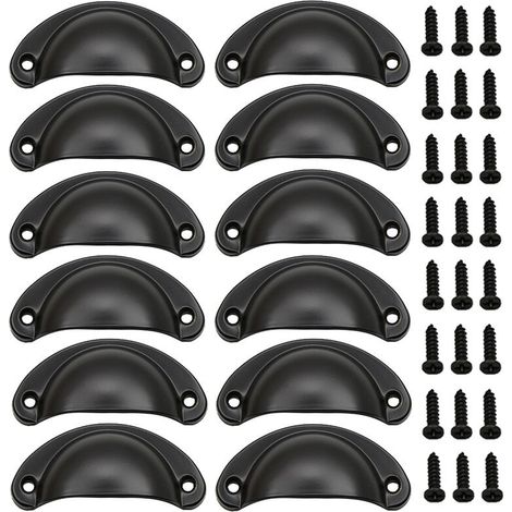 12Pcs - Black Vintage Shell Handle for Drawer Cabinet Furniture Kitchen, Curved Iron Shell Drawer Handle 8.2 x 3.5 cm, Vintage Furniture Handle with Screws