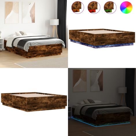Estructura cama con luces LED madera roble ahumado 135x190 cm - Estructura de cama - Madera de ingeniería