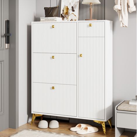 MEUBLIV Schuhschrank weiß 90x25x121 cm mit 3 Klappen, 1 Schublade und 1 Tür (1/5)