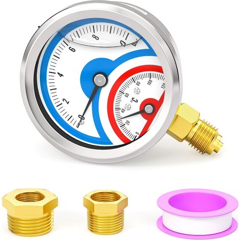 010 BAR/150PSI Stainless Steel Thermal Pressure Gauge 0120°C Liquid Pressure Gauge 1/4"BSP 2.5" DIAL FACE, with 1/2" BSP and 3/8" BSP Hex Socket, Bottom Mount (1/5)